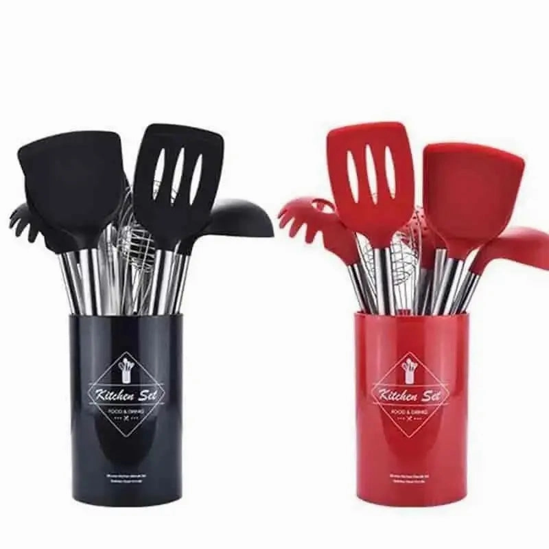 9-Piece Stainless Steel & Silicone Kitchen Utensil Set with Storage Bucket