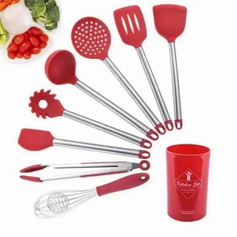 9-Piece Stainless Steel & Silicone Kitchen Utensil Set with Storage Bucket