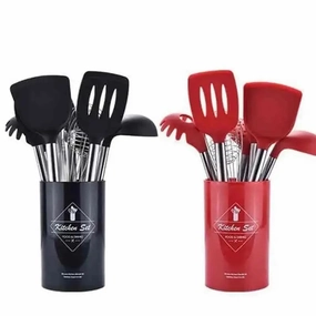 9-Piece Stainless Steel & Silicone Kitchen Utensil Set with Storage Bucket