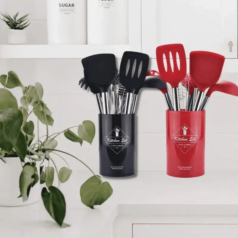 9-Piece Stainless Steel & Silicone Kitchen Utensil Set with Storage Bucket