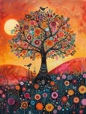 A Whimsical Tree Surrounded by Bright Flowers and Colorful Blooms The Product uses Wooden Puzzles -500PCS for Adults and Children to Brainstorm, Game Nights, Gifts