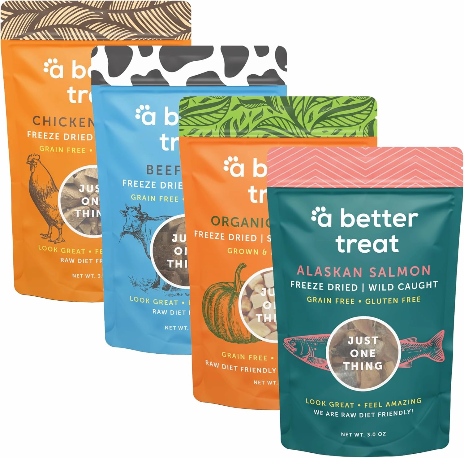 A Better Treat – Freeze Dried Organic Pumpkin, Wild Caught Salmon, Grass Fed Beef, Free-Range Chicken Dog and Cat Treats | Natural, Healthy, Diabetic Friendly | Made in The USA