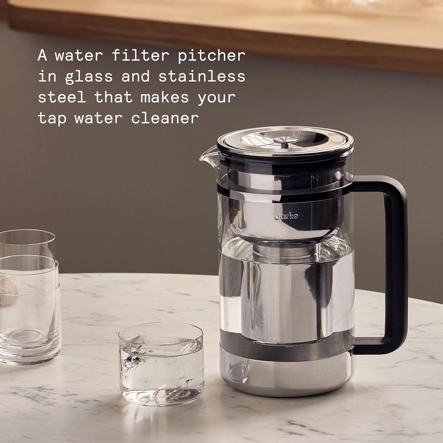 aarke Purifier Glass Water Pitcher, Refilable Stainless Steel Filter, 8-Weeks Performance, BPA-Free, Dishwasher Safe, Pure & Enriched Refill Granules, 1.66L (7 Cups) Capacity