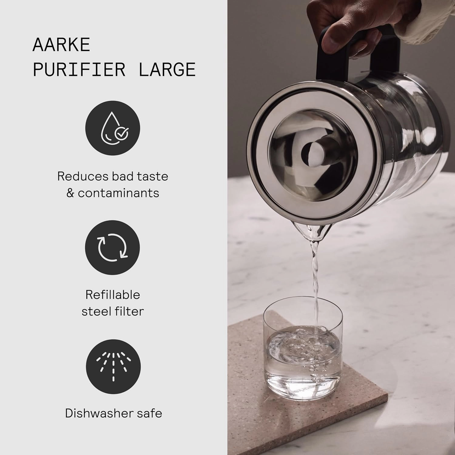 aarke Purifier Glass Water Pitcher, Refilable Stainless Steel Filter, 8-Weeks Performance, BPA-Free, Dishwasher Safe, Pure & Enriched Refill Granules, 1.66L (7 Cups) Capacity