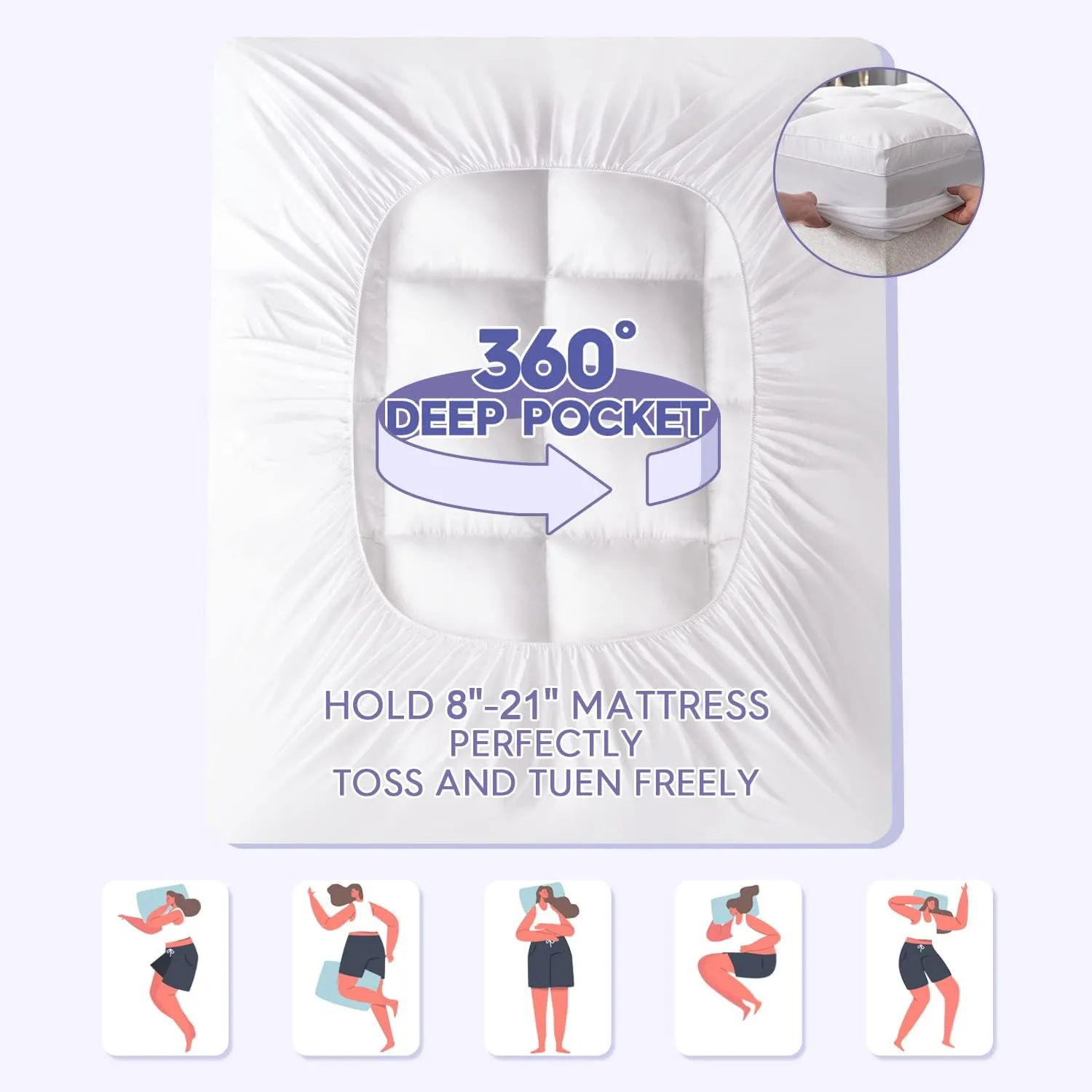 ABENE Mattress Topper Full for Back Pain Relief, Extra Thick Mattress Pad Pillowtop, Soft Mattress Protector Cover with 8"-21" Deep Pocket, Overfilled Down Alternative Filling (White, Full)