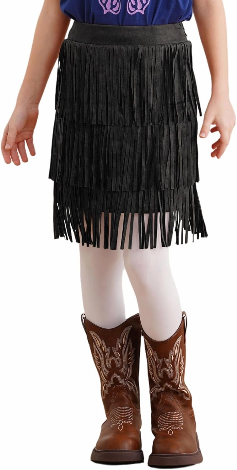 ACSUSS Faux Suede Boho Tassel Trim Skirt for Girls Kids Fringe Western Cowgirl Mini Skirt for Country Concert