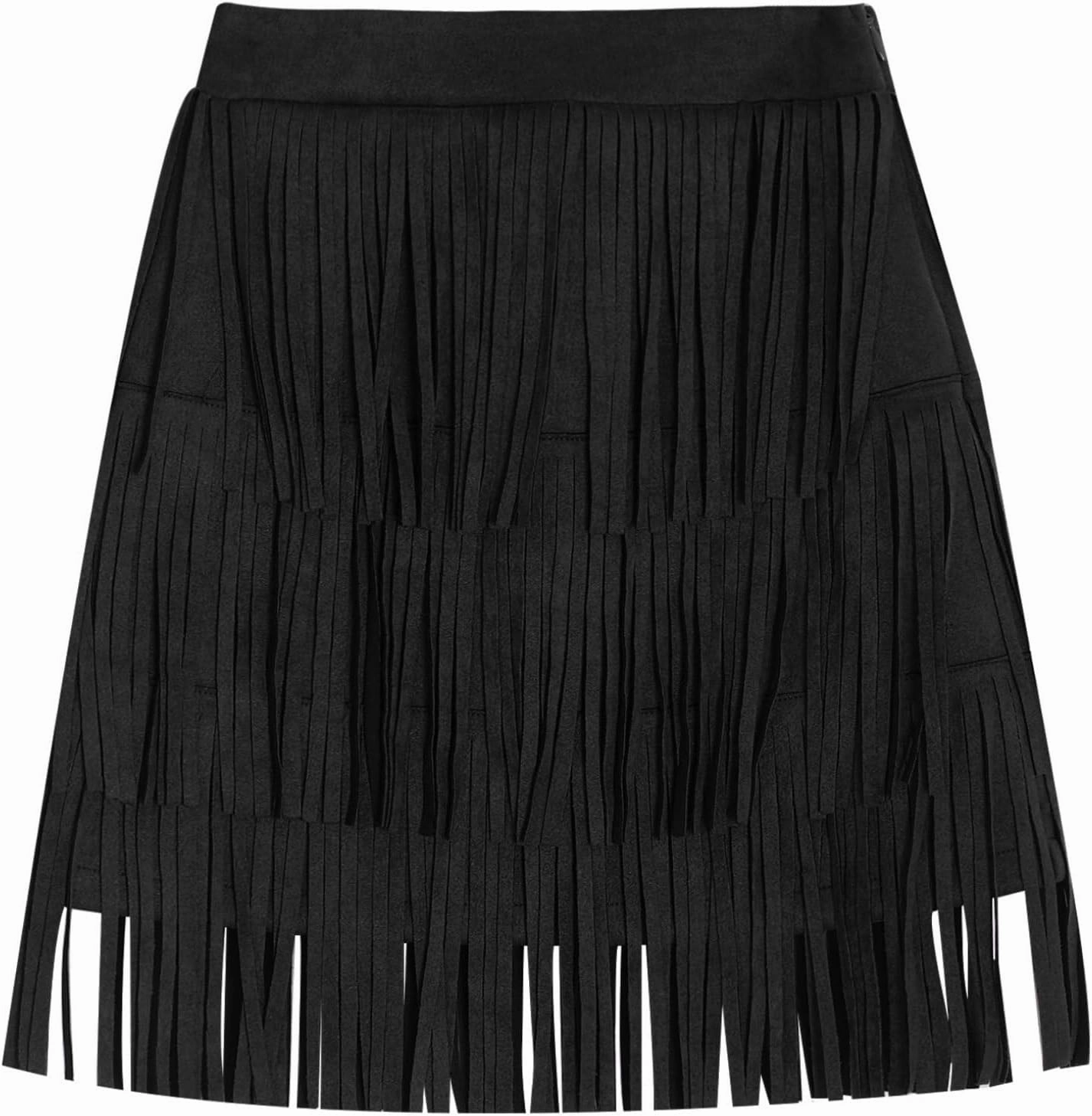 ACSUSS Faux Suede Boho Tassel Trim Skirt for Girls Kids Fringe Western Cowgirl Mini Skirt for Country Concert