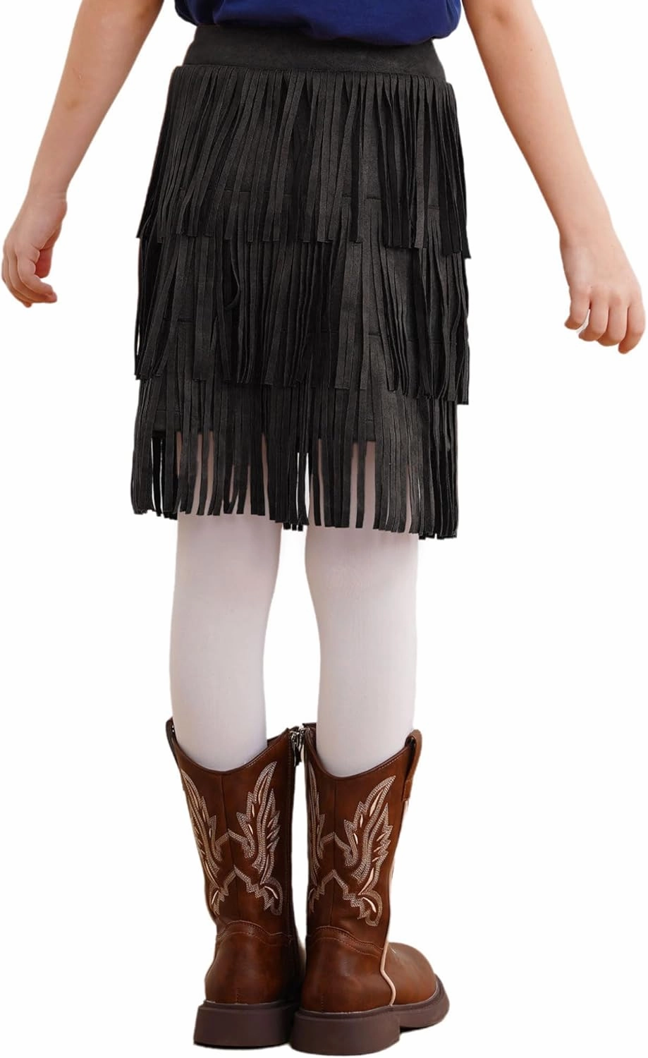 ACSUSS Faux Suede Boho Tassel Trim Skirt for Girls Kids Fringe Western Cowgirl Mini Skirt for Country Concert