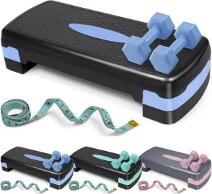 Aerobic Stepper Set with Dumbbells & Measuring Tape, Adjustable Height 2 Level Risers Workout Exercise Step Platform, 3 Colors, the Ultimate Gift for a Joyful Holiday and Merry Christmas