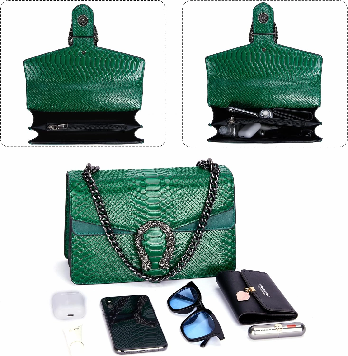 Aiqudou Crossbody Bag and Satchel Purse for Women - Fashion Snake Print Chain Purse Luxury PU Leather HandBag
