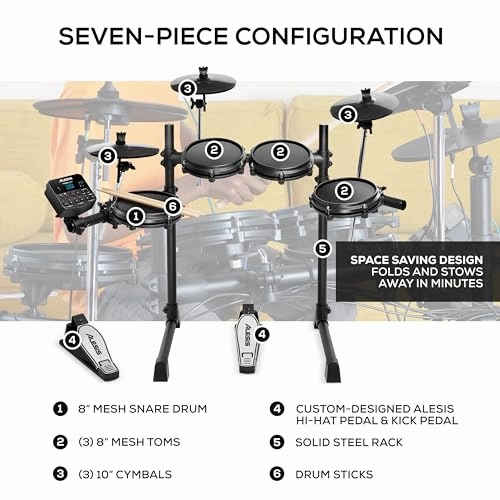 Alesis Turbo Mesh Kit – Electric Drum Set With 100  Sounds, Quiet Mesh Drum Pads, Drum Sticks, Connection Cables, Drum Lessons