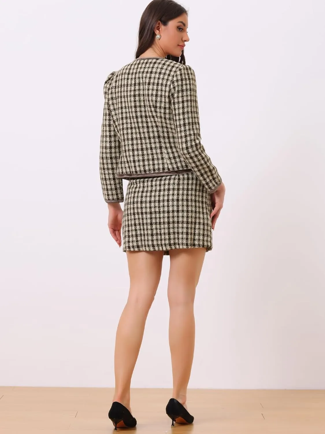 Allegra K Business Suit Set for Women's 2 Piece Outfits Plaid Tweed Easter Short Blazer Jacket and Skirt Sets