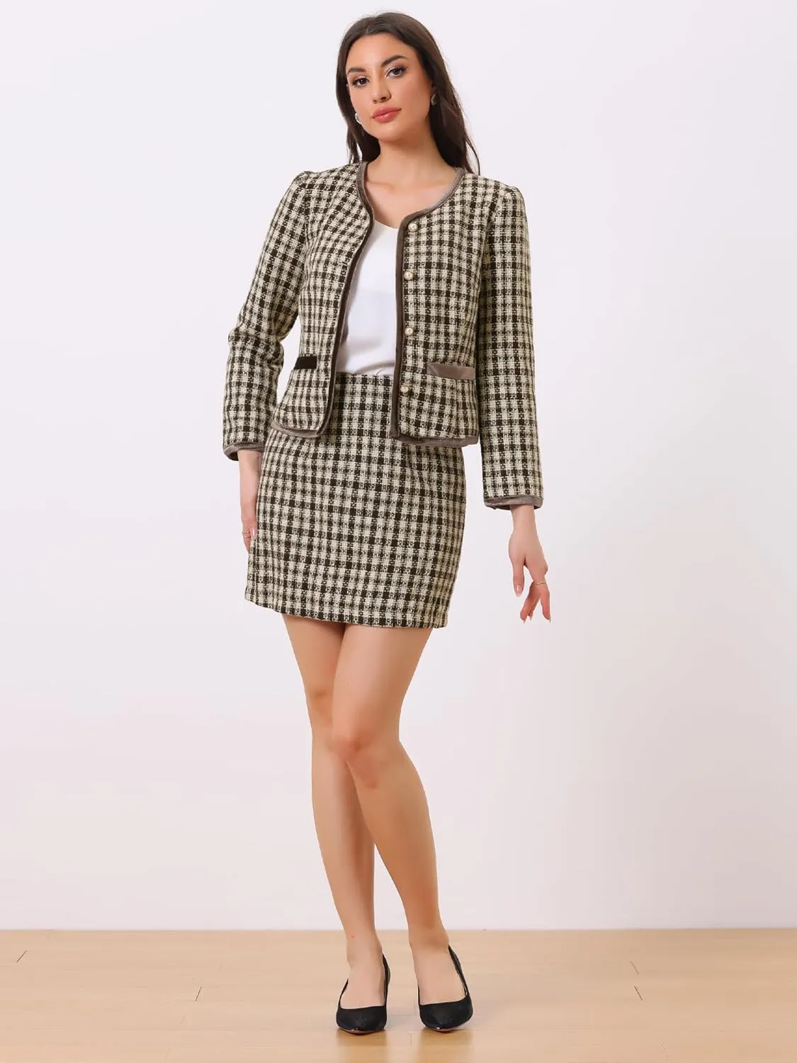 Allegra K Business Suit Set for Women's 2 Piece Outfits Plaid Tweed Easter Short Blazer Jacket and Skirt Sets