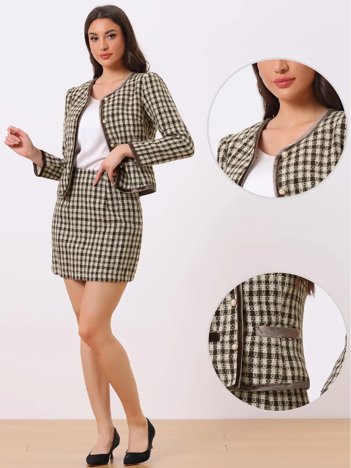 Allegra K Business Suit Set for Women's 2 Piece Outfits Plaid Tweed Easter Short Blazer Jacket and Skirt Sets