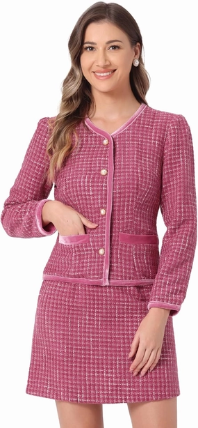 Allegra K Business Suit Set for Women's 2 Piece Outfits Plaid Tweed Easter Short Blazer Jacket and Skirt Sets
