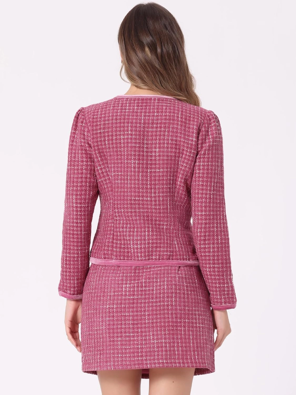 Allegra K Business Suit Set for Women's 2 Piece Outfits Plaid Tweed Easter Short Blazer Jacket and Skirt Sets