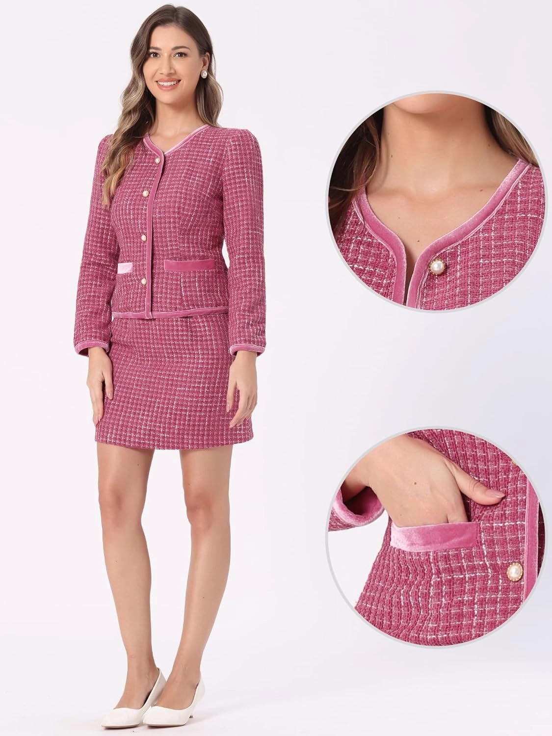 Allegra K Business Suit Set for Women's 2 Piece Outfits Plaid Tweed Easter Short Blazer Jacket and Skirt Sets