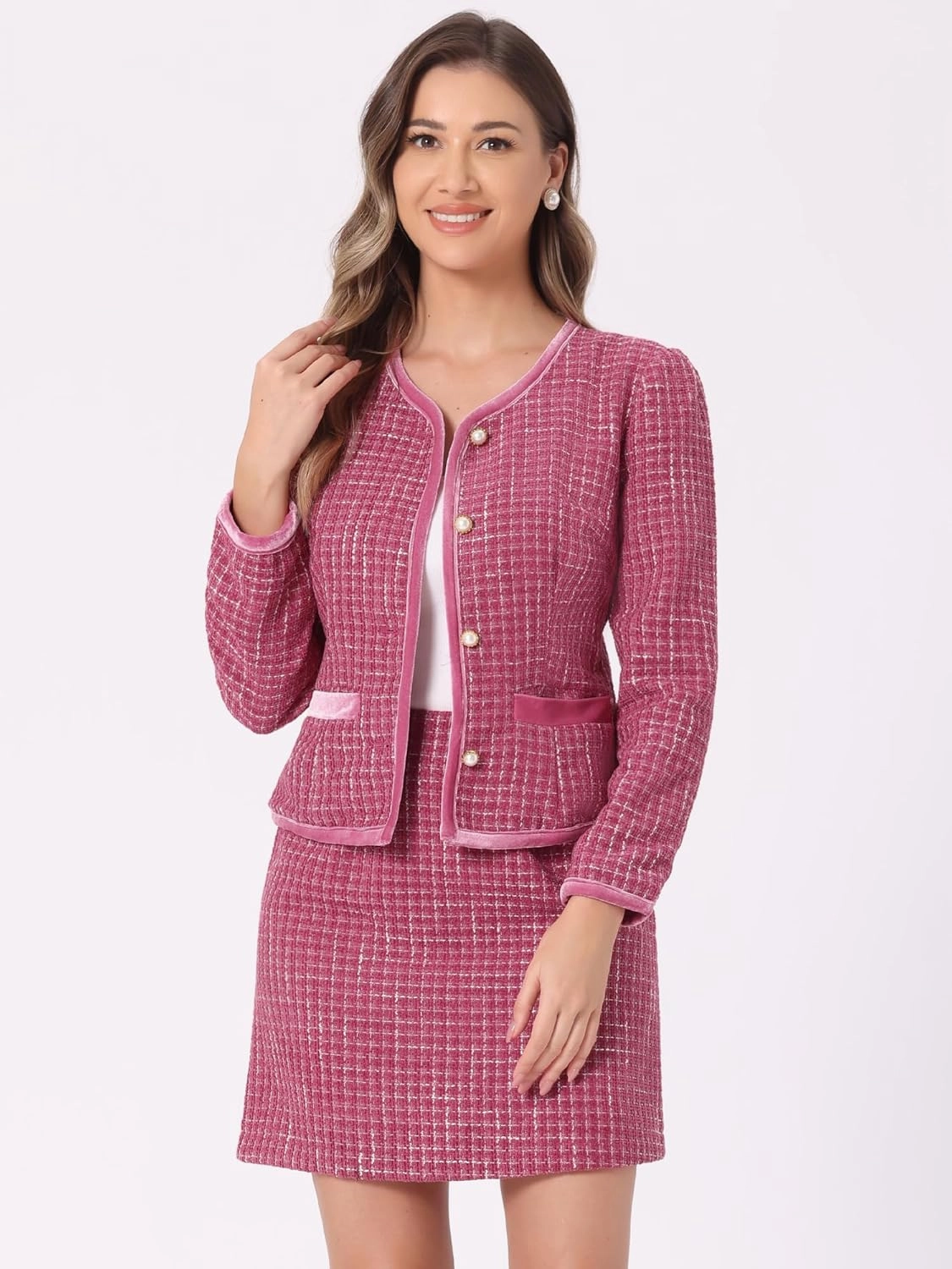 Allegra K Business Suit Set for Women's 2 Piece Outfits Plaid Tweed Easter Short Blazer Jacket and Skirt Sets