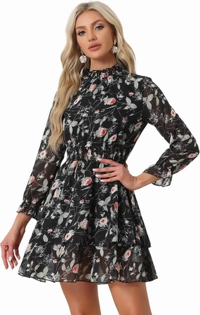 Allegra K Women's Floral Dress Chiffon Long Sleeve Mock Neck Ruffle Layered Smocked Mini Dresses