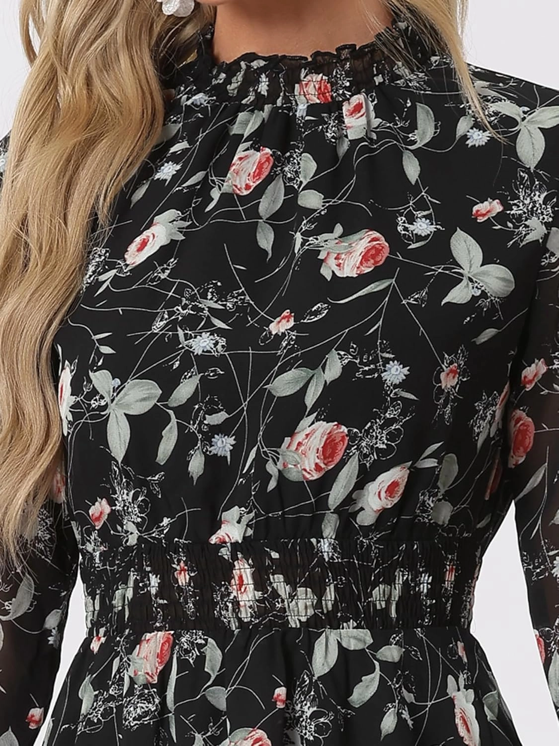 Allegra K Women's Floral Dress Chiffon Long Sleeve Mock Neck Ruffle Layered Smocked Mini Dresses