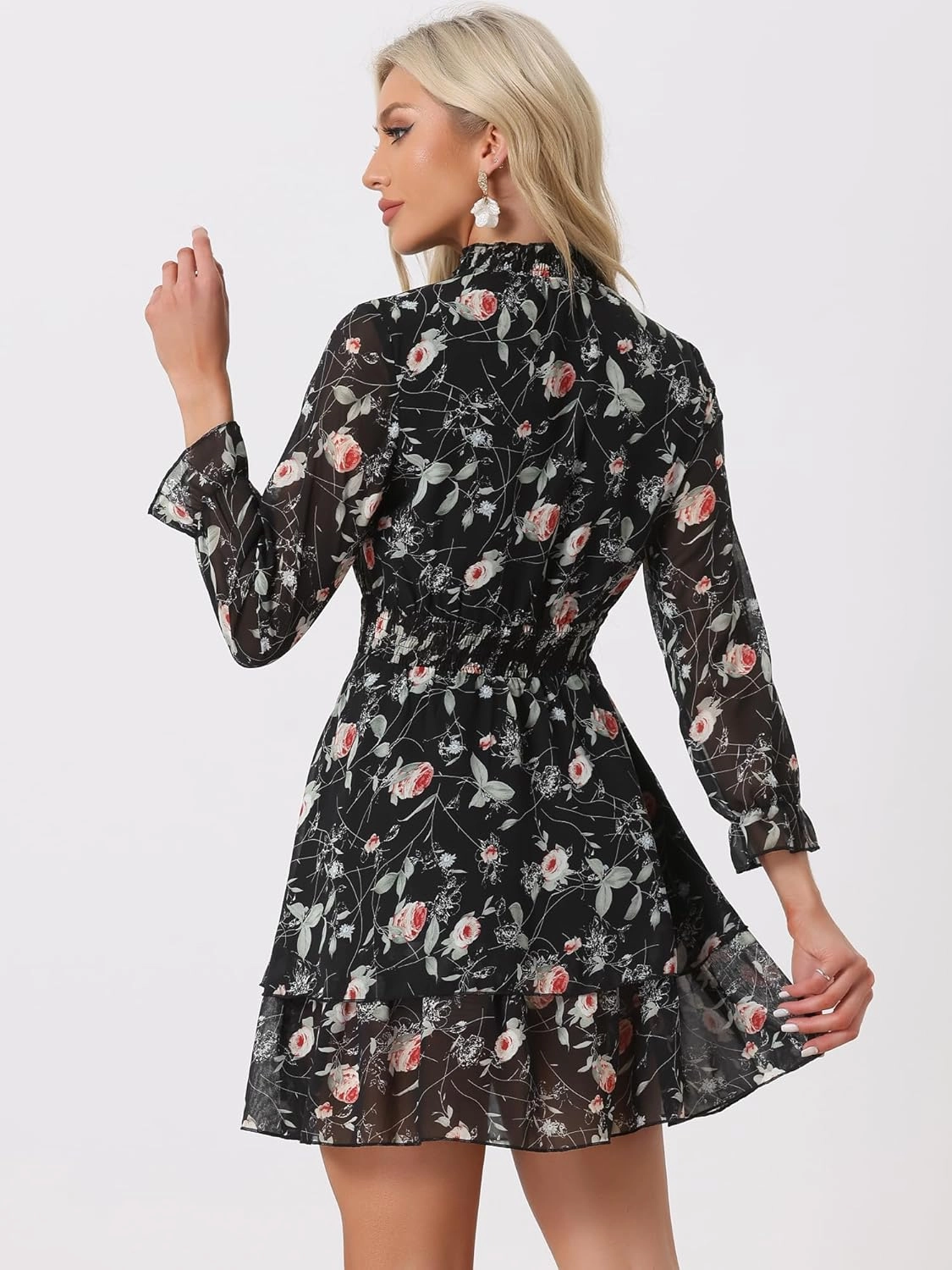 Allegra K Women's Floral Dress Chiffon Long Sleeve Mock Neck Ruffle Layered Smocked Mini Dresses
