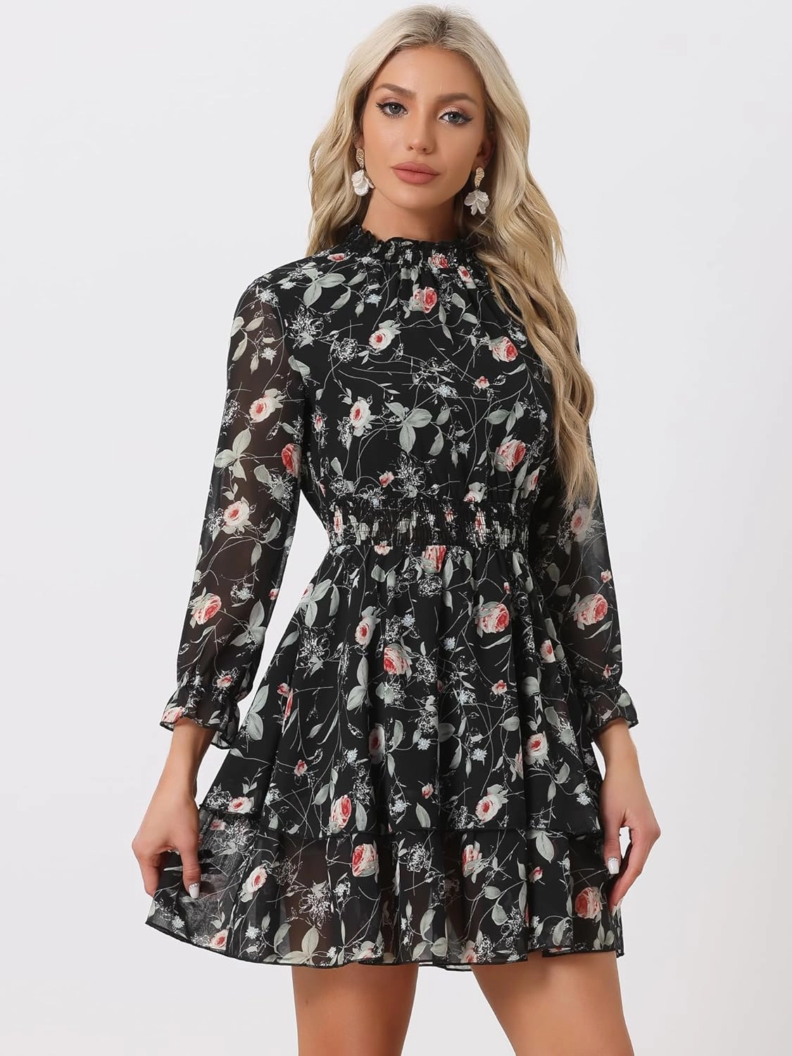 Allegra K Women's Floral Dress Chiffon Long Sleeve Mock Neck Ruffle Layered Smocked Mini Dresses