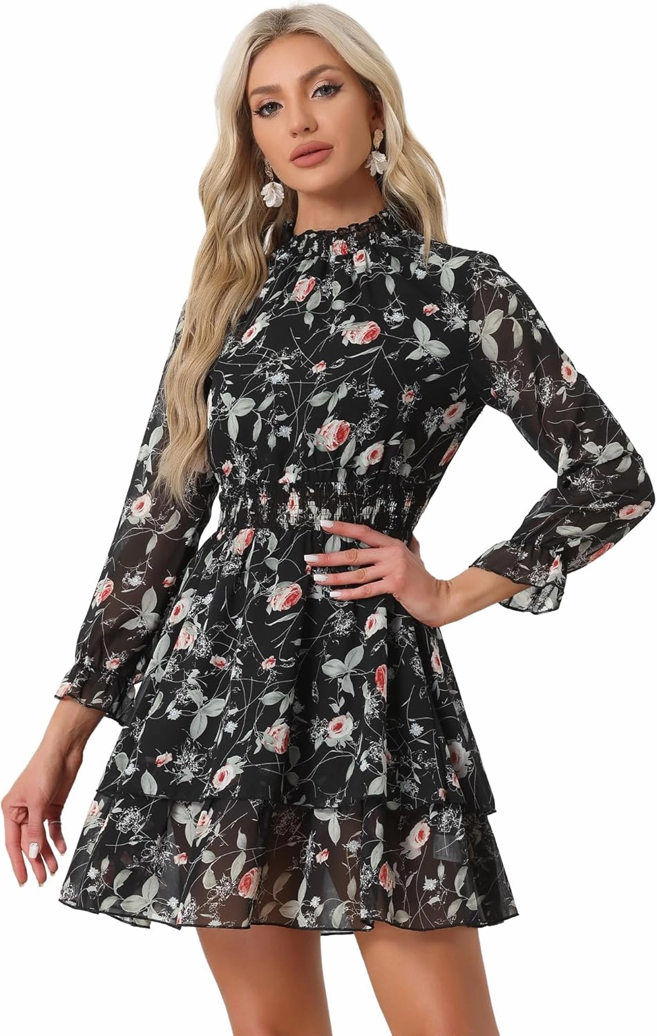 Allegra K Women's Floral Dress Chiffon Long Sleeve Mock Neck Ruffle Layered Smocked Mini Dresses