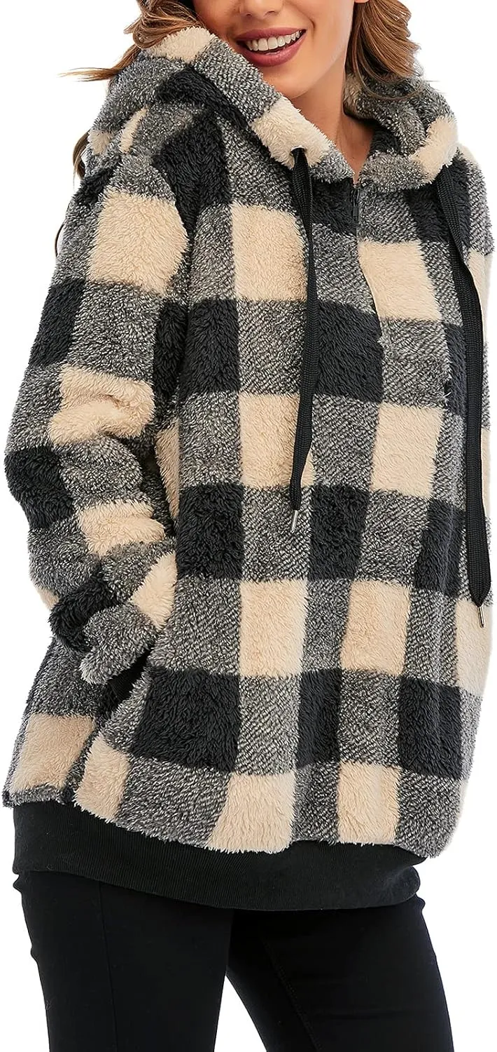 American Trends Womens Athletic Fuzzy Hoodies Sherpa Pullover Hoodie for Women Zip Oversized Plush Hoodie with Pockets