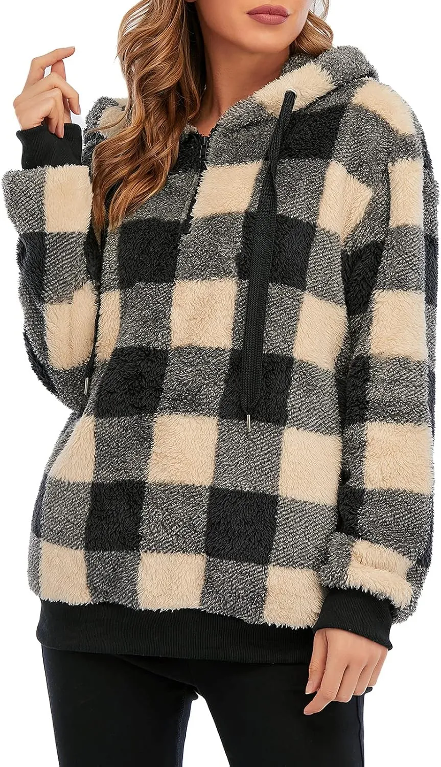 American Trends Womens Athletic Fuzzy Hoodies Sherpa Pullover Hoodie for Women Zip Oversized Plush Hoodie with Pockets