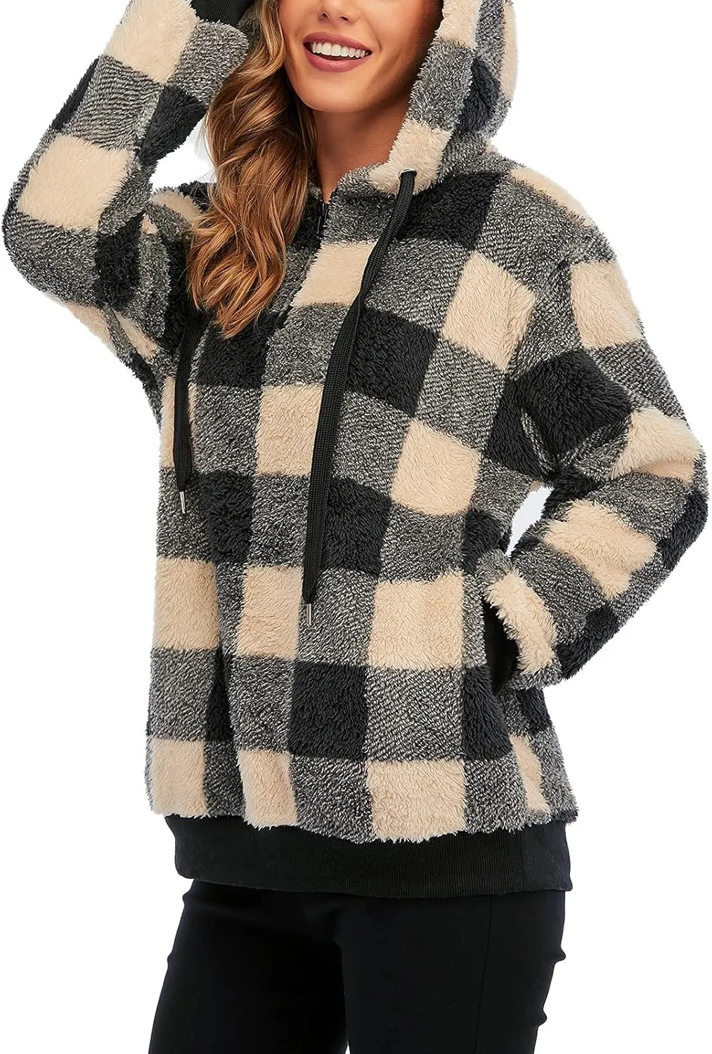 American Trends Womens Athletic Fuzzy Hoodies Sherpa Pullover Hoodie for Women Zip Oversized Plush Hoodie with Pockets