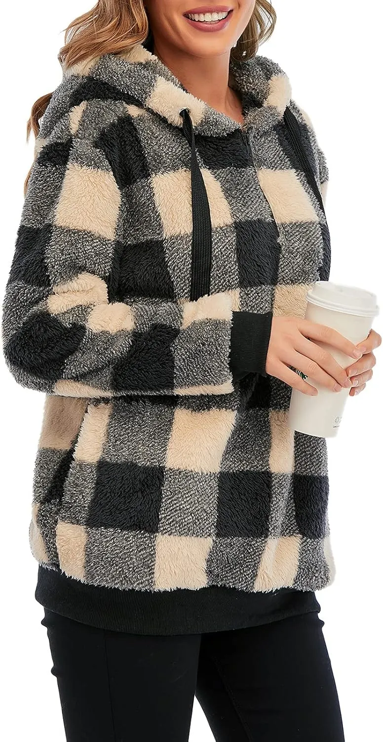 American Trends Womens Athletic Fuzzy Hoodies Sherpa Pullover Hoodie for Women Zip Oversized Plush Hoodie with Pockets
