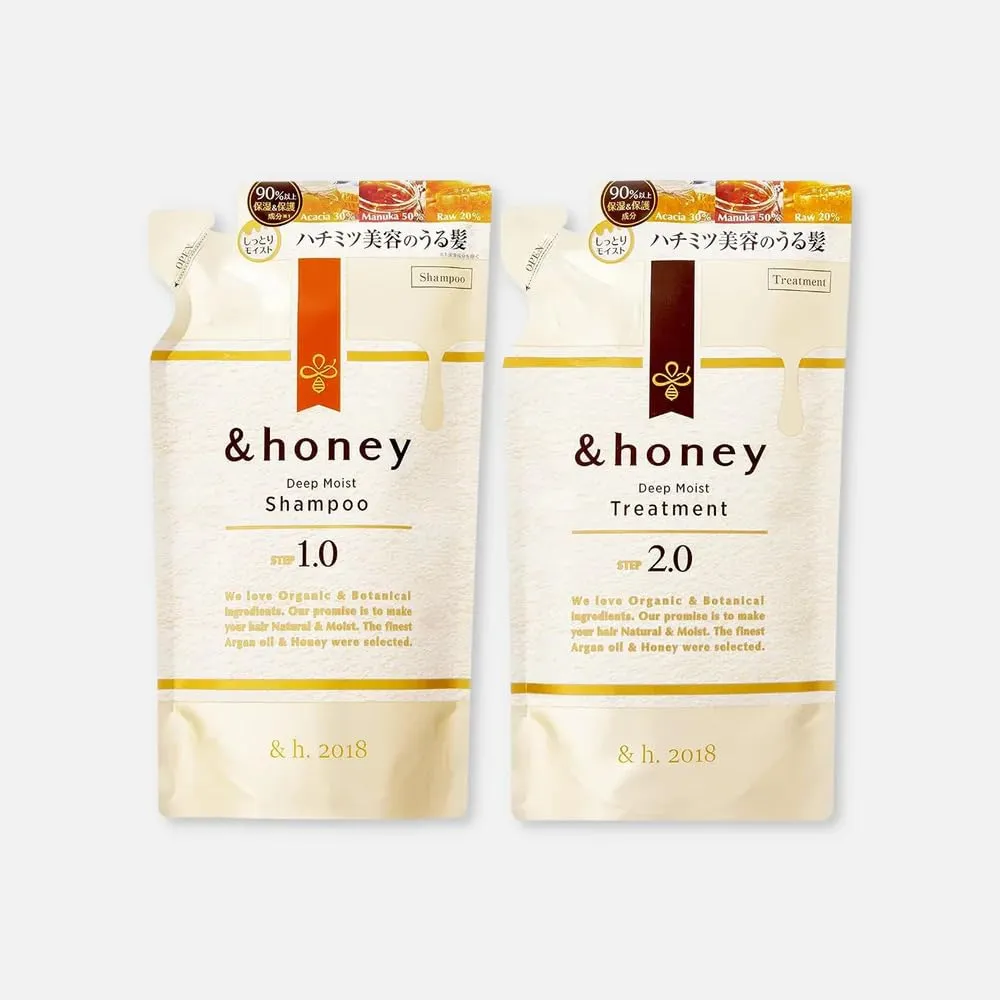 &-honey Deep Moist Shampoo and Treatment Refill Only (Set of 2) 350ml Each Eco-Friendly Refill Pouch For All Hair Types, Straight, Curly, Frizzy, Wavy,Deep Hydration & Damage Repair