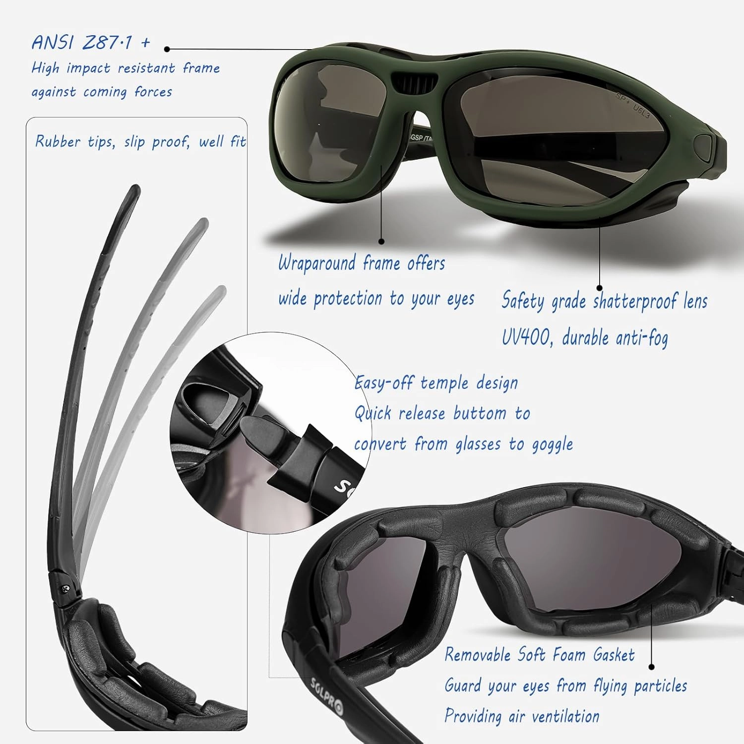 Anti-Fog Safety Motorcycle Riding Sunglasses Foam padded Goggle, Dustproof, Windproof, Hunting, Hiking, Golfing