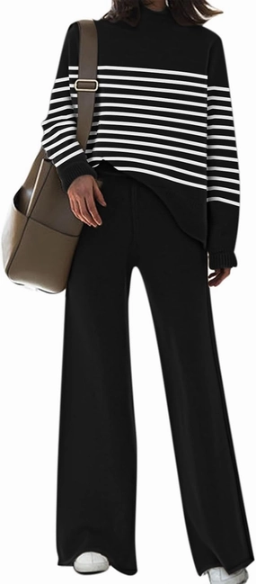 AOHITE Womens 2 Piece Outfit Set Long Sleeve Knit Pullover Sweater Top and Wide Leg Pants Sweatsuit