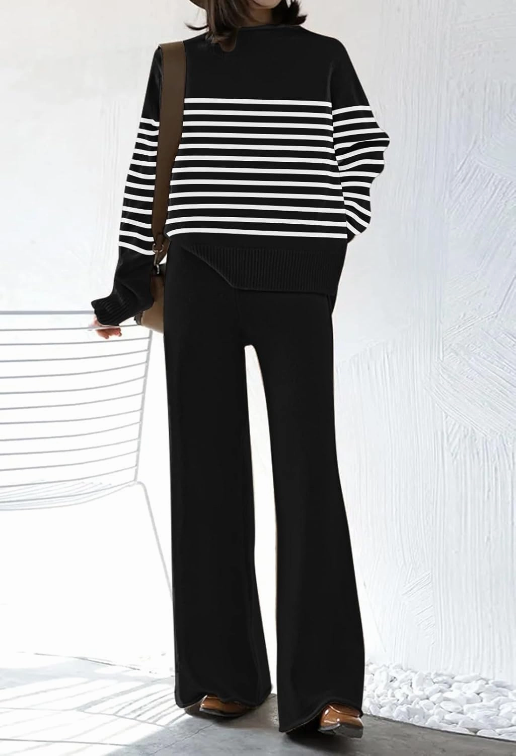 AOHITE Womens 2 Piece Outfit Set Long Sleeve Knit Pullover Sweater Top and Wide Leg Pants Sweatsuit