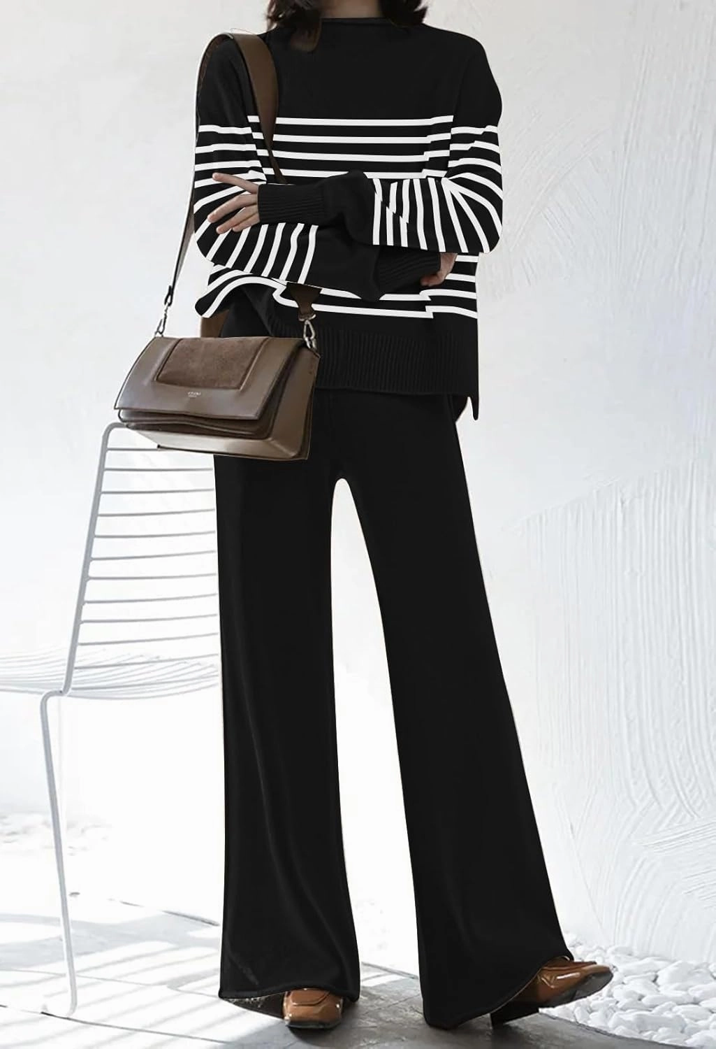 AOHITE Womens 2 Piece Outfit Set Long Sleeve Knit Pullover Sweater Top and Wide Leg Pants Sweatsuit