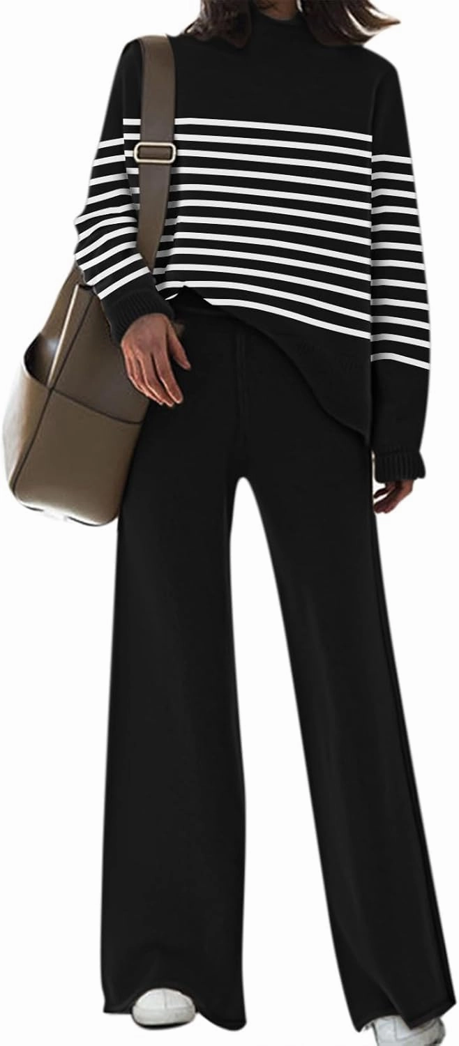 AOHITE Womens 2 Piece Outfit Set Long Sleeve Knit Pullover Sweater Top and Wide Leg Pants Sweatsuit
