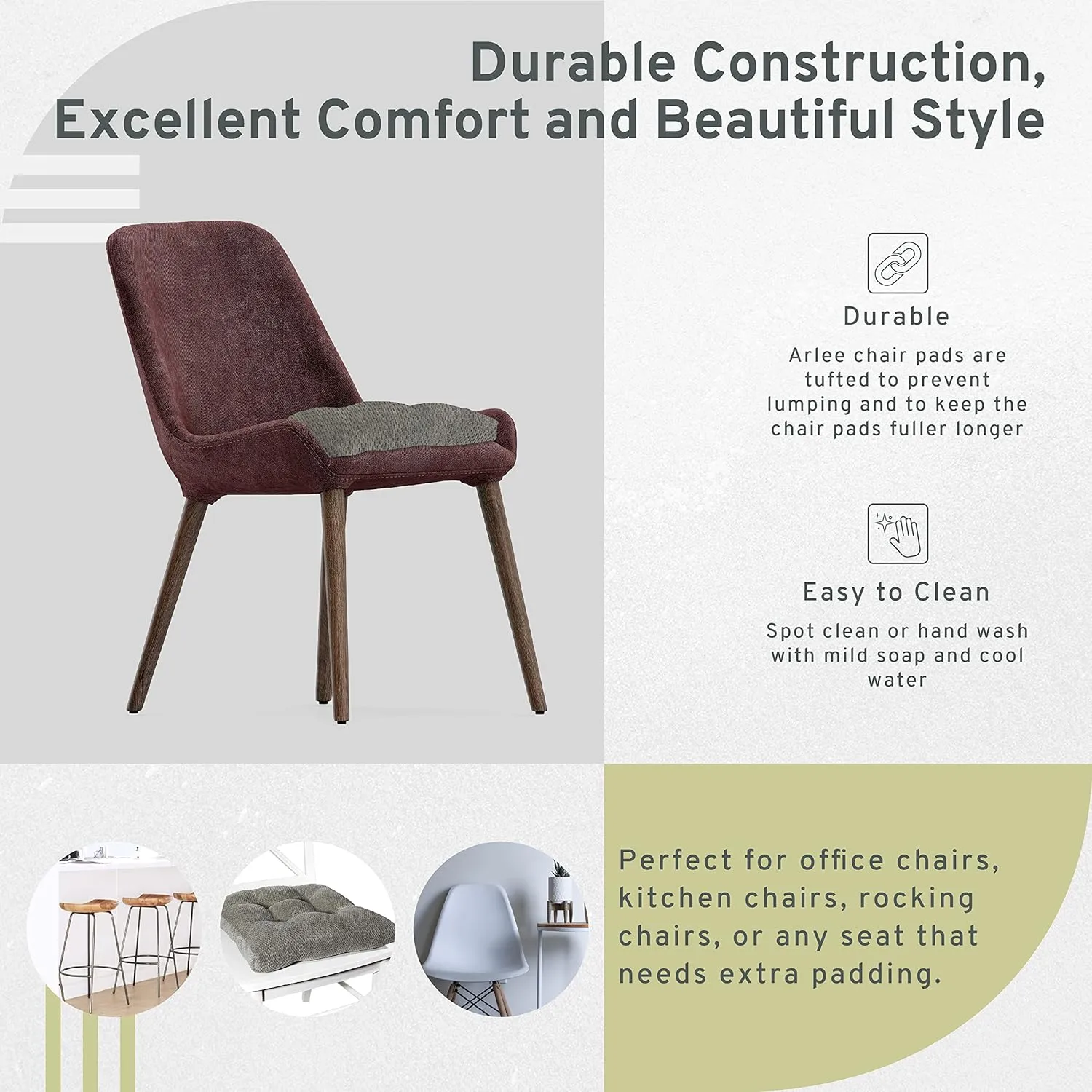 Arlee Chair Cushions for Dining Chairs, Set of 2 - Memory Foam Chair Pads, Non-Skid Backing - Durable Thick Seat Cushions for Kitchen, Office, Patio, 15.5" L x 15.5" W - Charcoal