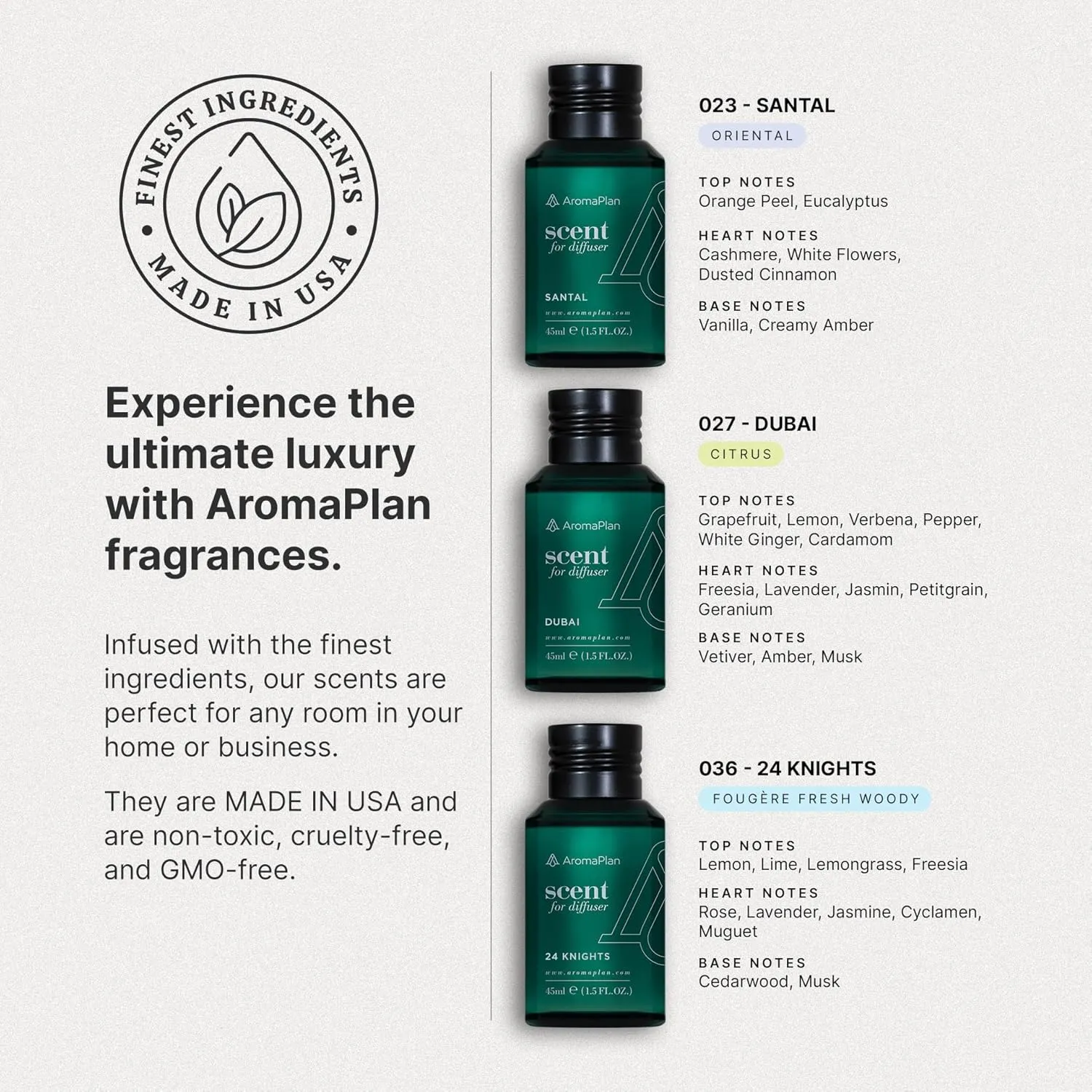 Aromaplan The Bestsellers Set, Dubai, Santal, 24 Knights - Top Picks Set Collection- Gift Set, USA Fragrance- Luxury Aroma & Hotel Fragrance Diffuser Oil- USA Made (3 Pack/ 1.5 fl.oz (45 ml)