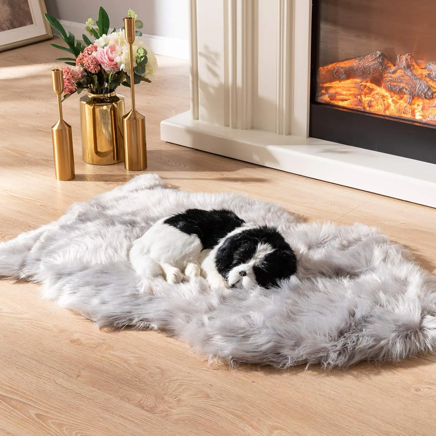 Asrug Faux Fur Dog Rug Plush and Fluffy Dog Mat Ultra Cozy Pet Throw Rug for Dogs Cats, Luxury Soft Faux Sheepskin Rug, Small Blanket for Dog,Shag Fur Area Rugs for Bedroom, Grey, 24 by 36 inches