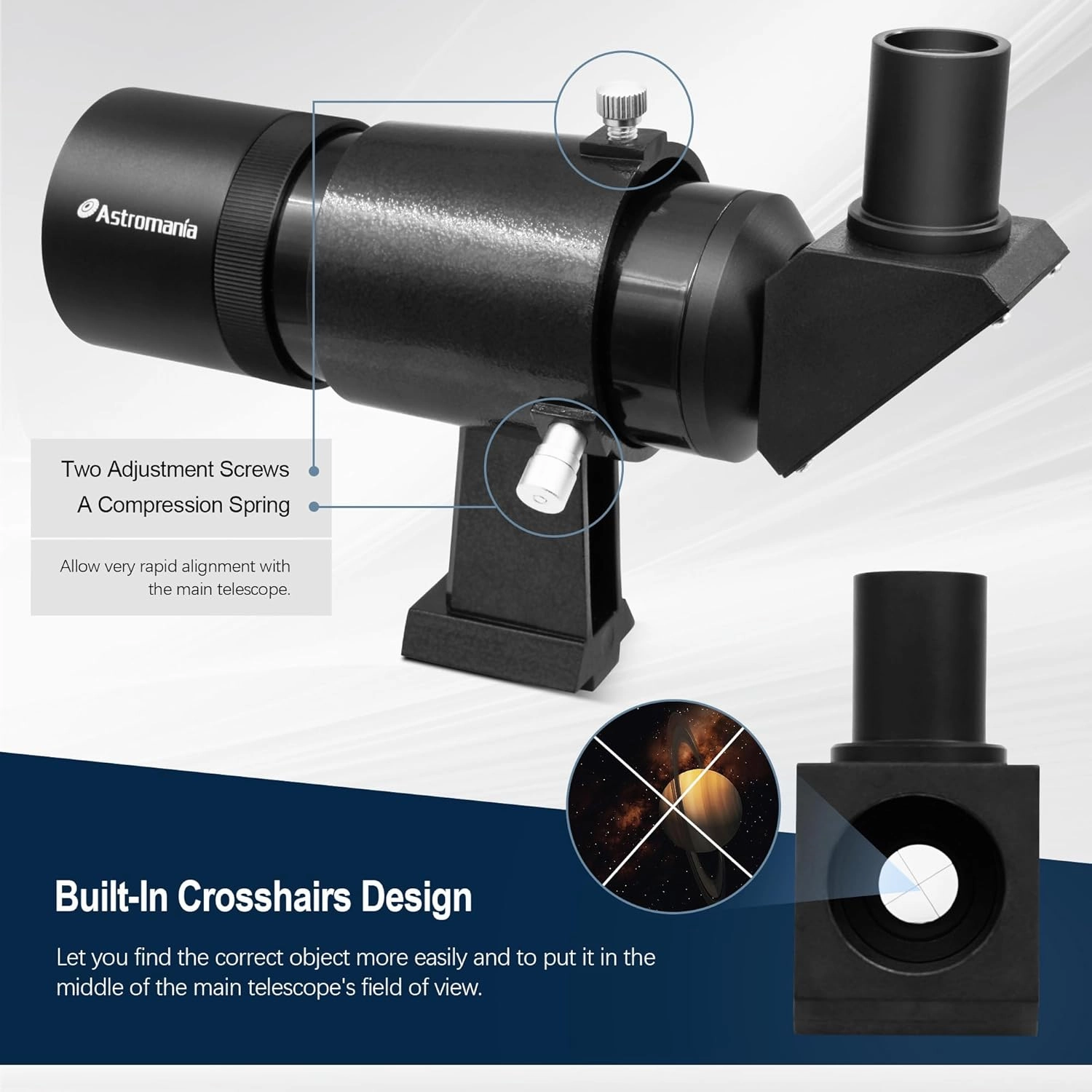 Astromania Finder Scope 9x50, Right Angle Correct Image Optical Telescope Finder, Fully Multi-Coated Finderscope for Astronomical Telescope with Crosshair and Bracket - Upright and Non-Reversed Image