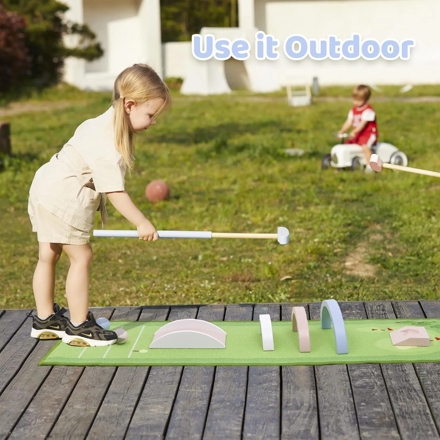 Asweets Mini Wooden Golf Set for Kids 3-12 Age,Macaroon Toddler Mini Golf Clubs,Children Putters for Golf Game,Idea Gift for Boy & Girs On Chrismas,Thanksgiving Day(with Mat)