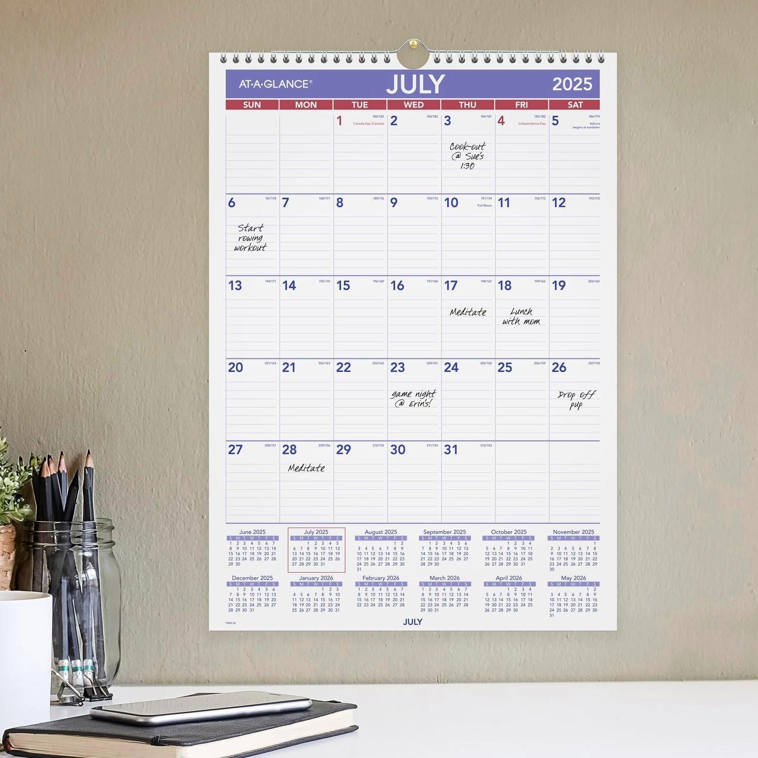 AT-A-GLANCE Wall Calendar 2025-2026 Academic, Monthly, 12" x 17", Medium, Ruled Daily Blocks (PMA228)