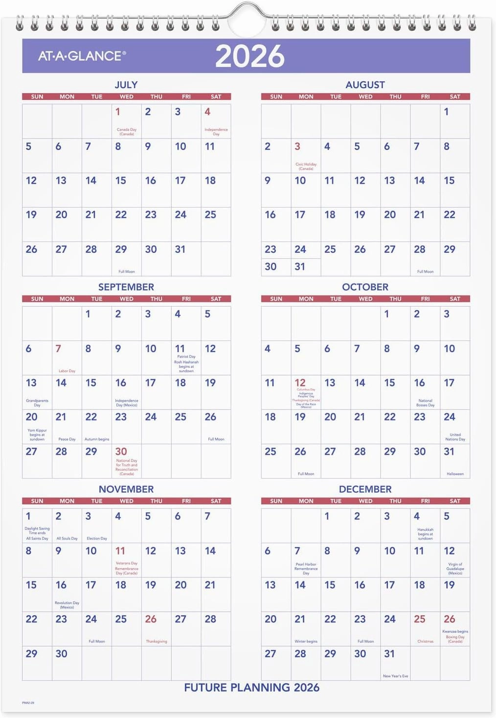 AT-A-GLANCE Wall Calendar 2025-2026 Academic, Monthly, 12" x 17", Medium, Ruled Daily Blocks (PMA228)