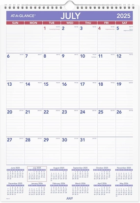 AT-A-GLANCE Wall Calendar 2025-2026 Academic, Monthly, 12" x 17", Medium, Ruled Daily Blocks (PMA228)