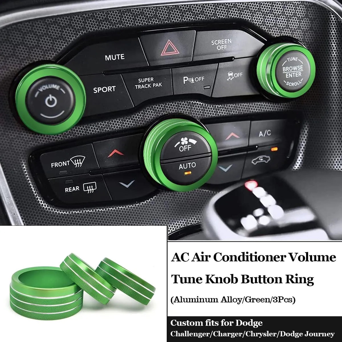 Auprite Climate Control Knob Covers for Challenger Accessories 2015-2023 2024, for Dodge Charger 2015-2023 2024, for Dodge Chrysler 300/300s 2015-2024,3Pcs Kit (Green)