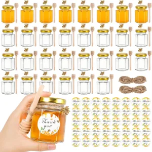 AuroTrends 3oz Mini Honey Jars with Dipper 30Pack, Empty Glass Jars for Baby Shower Favors/Wedding Favors for Guests Bulk-Mini Jars with Wooden Dippers (3oz-30Pack)