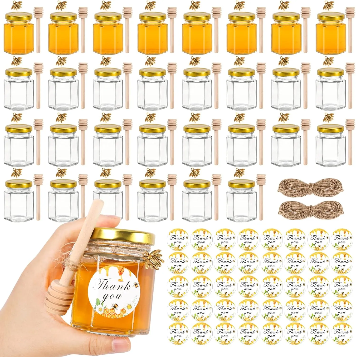 AuroTrends 3oz Mini Honey Jars with Dipper 30Pack, Empty Glass Jars for Baby Shower Favors/Wedding Favors for Guests Bulk-Mini Jars with Wooden Dippers (3oz-30Pack)