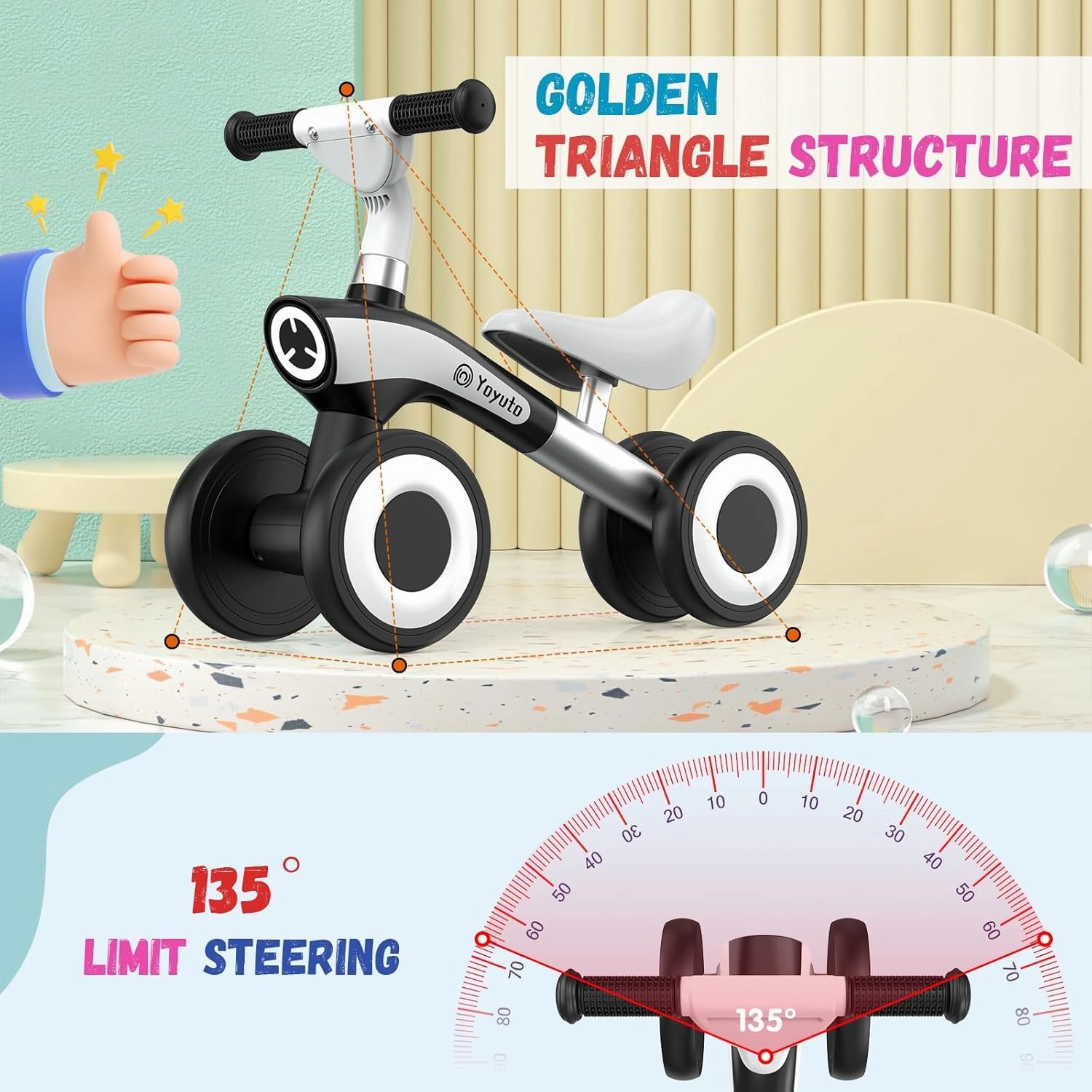Baby Balance Bike for 1 Year Old Boys Girls 12-36 Month Toddler, 4 Silence Wheels Soft Seat Pre-School First Riding Toys Toddler First Birthday Gifts (Black)
