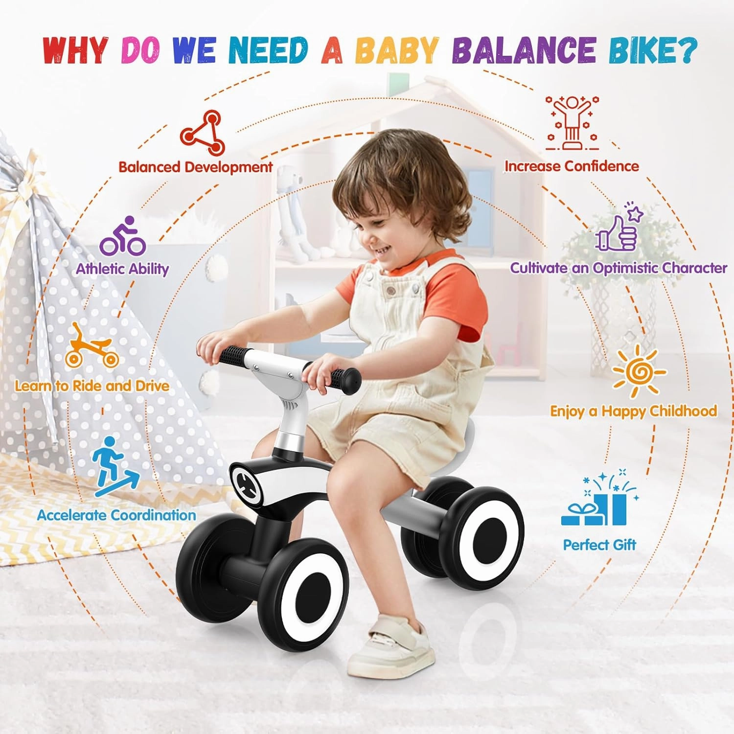 Baby Balance Bike for 1 Year Old Boys Girls 12-36 Month Toddler, 4 Silence Wheels Soft Seat Pre-School First Riding Toys Toddler First Birthday Gifts (Black)